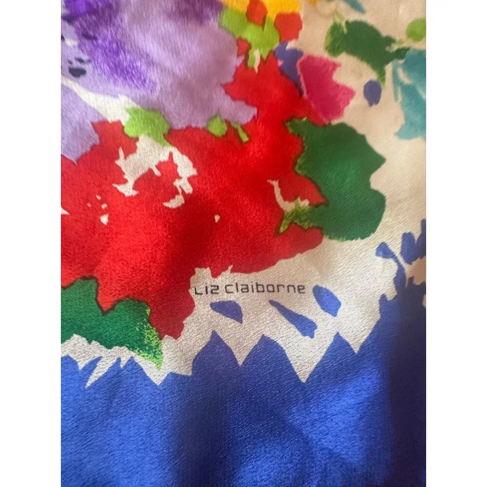 Liz Claiborne Scarf Blue Pink Floral‎ Print Square Silk Blend Vintage Neck Scarf